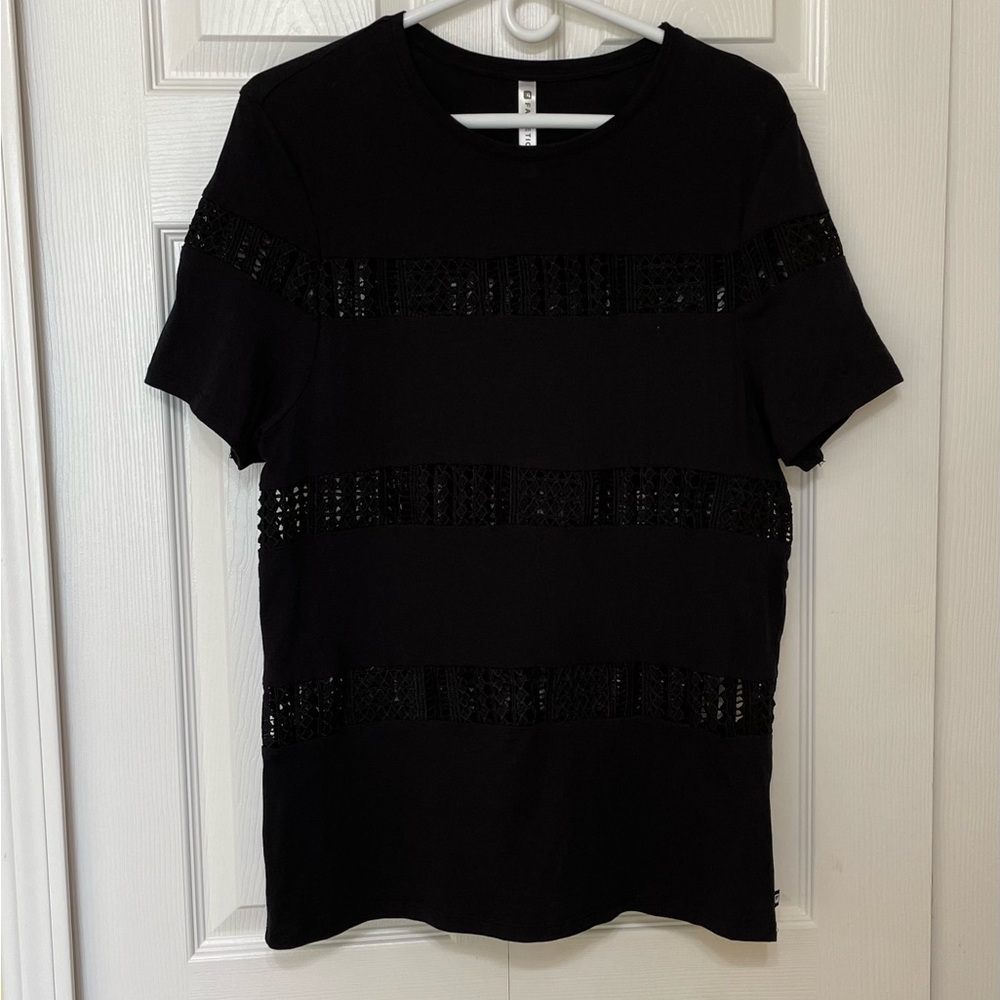 Fabletics Black Short Sleeve T with stripes of solid and see through material